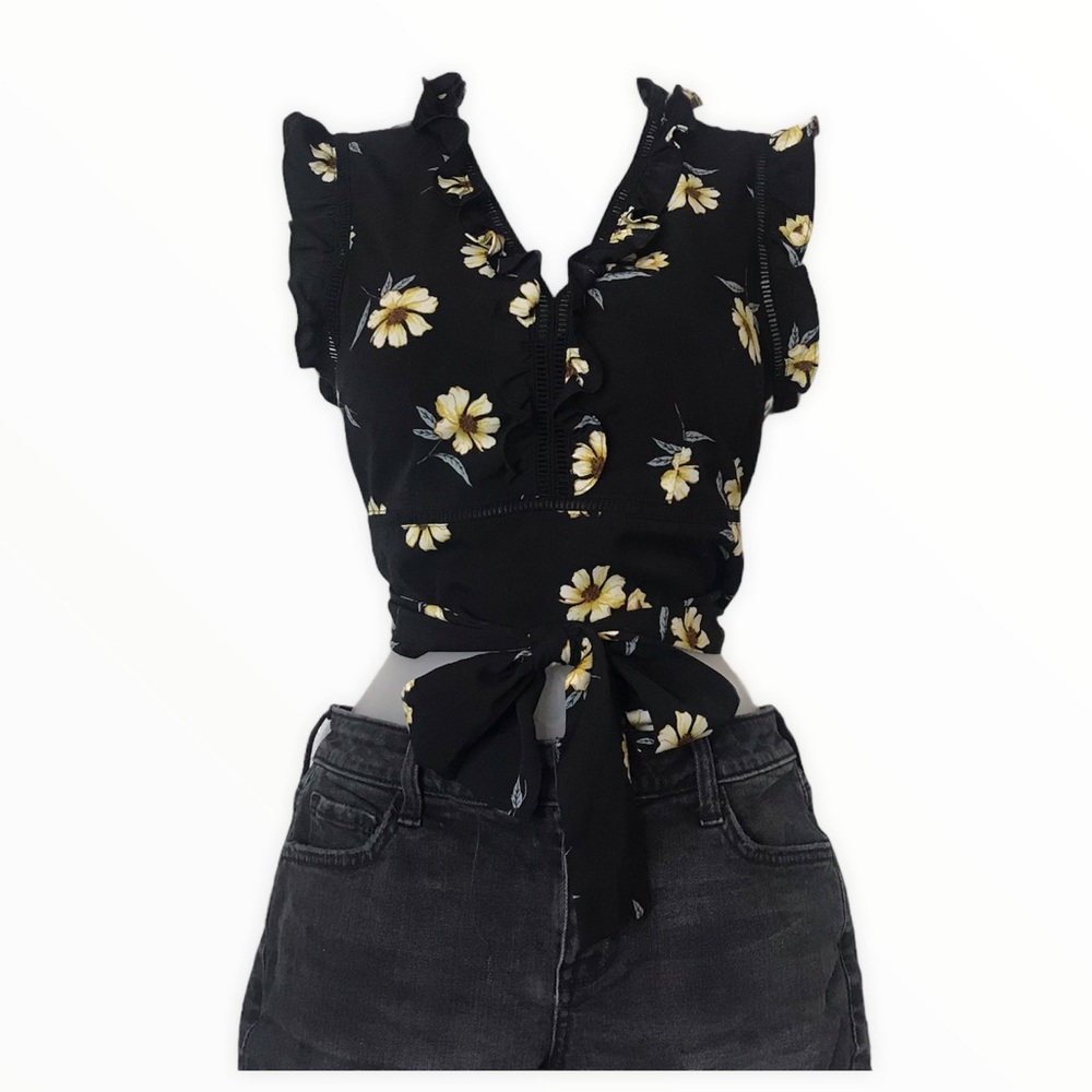 Black Floral Open Back Wrap Crop Top